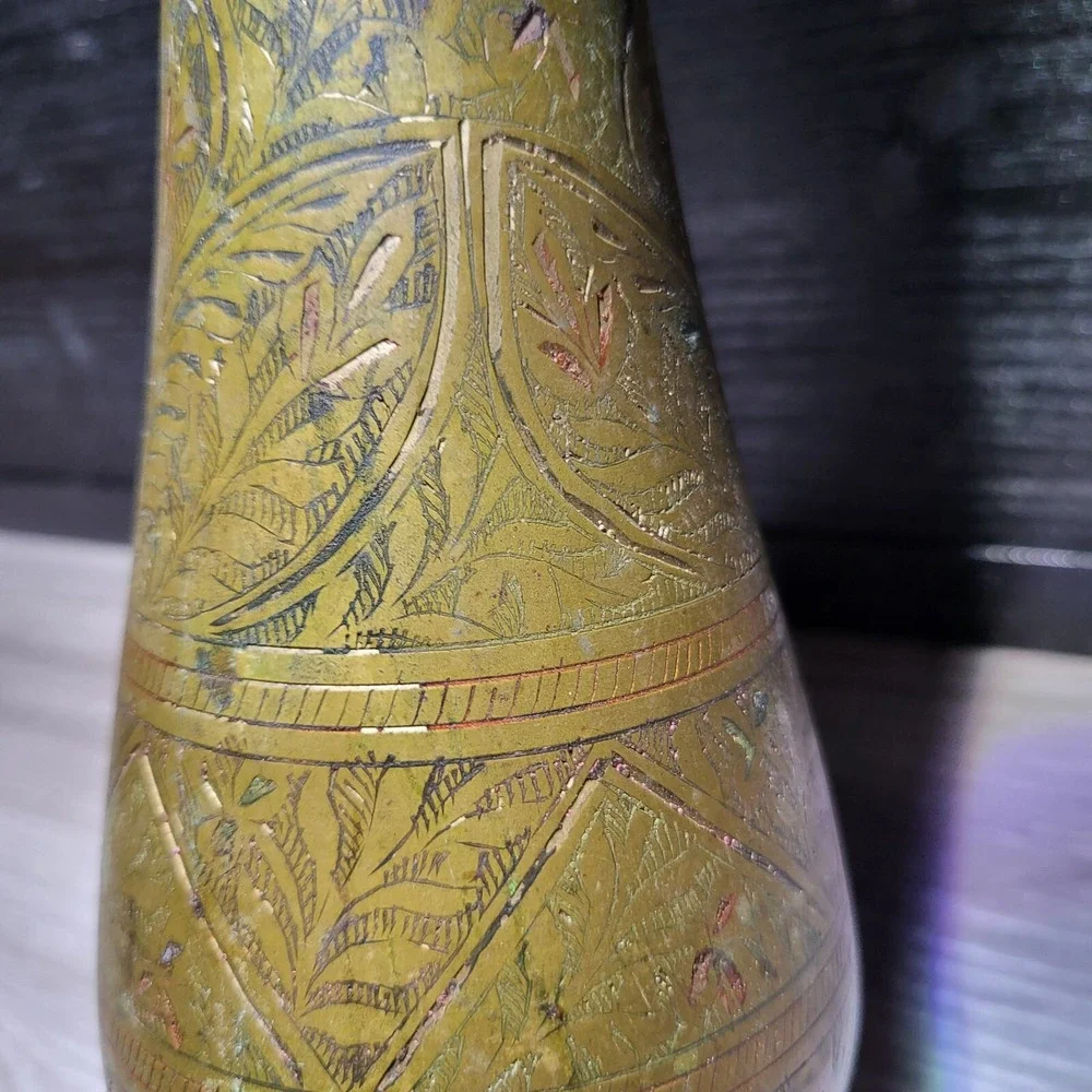 Brass Antique Vase Etched Vintage Solid Indian India Made Engraved Design Vtg